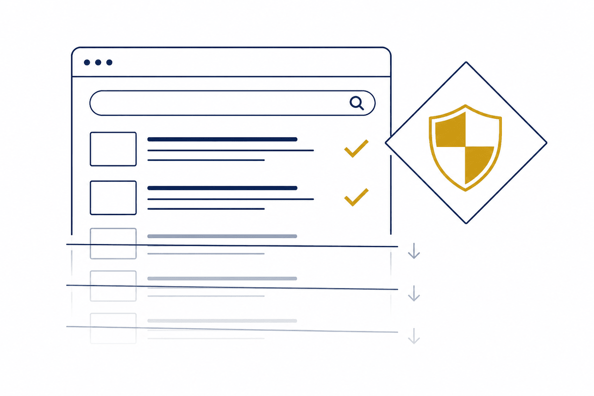 Clean search results held above suppressed negative results, beside a shield inside the brand diamond