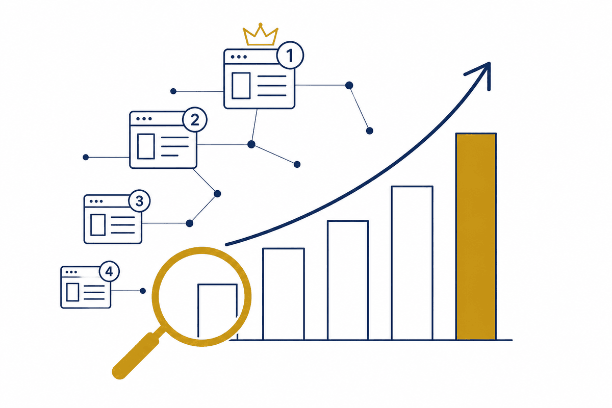 Rising bar chart with an upward trend arrow and a magnifying glass over a rank-one result